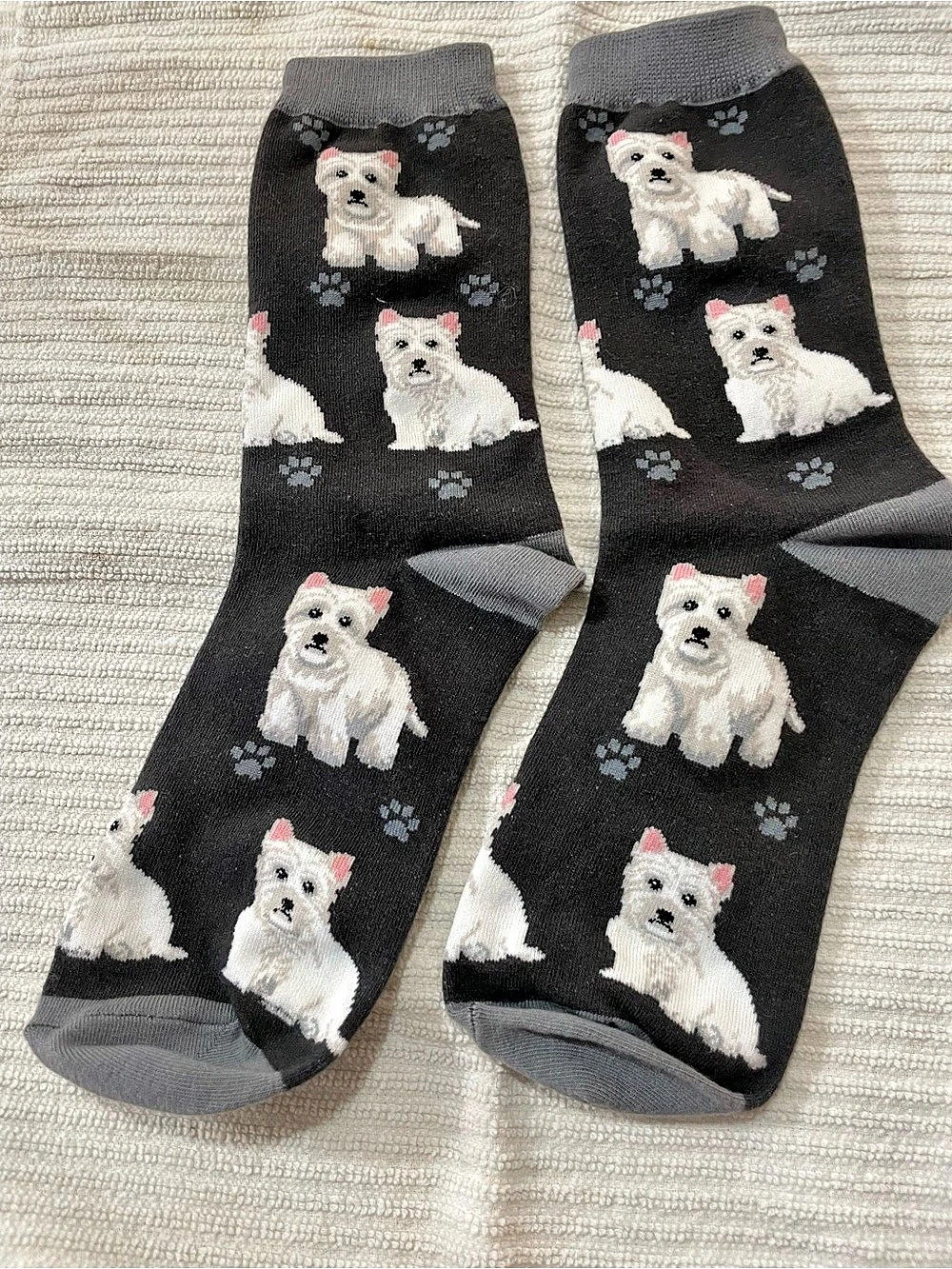 Westie Print Socks in Black & Gray brand new never used.